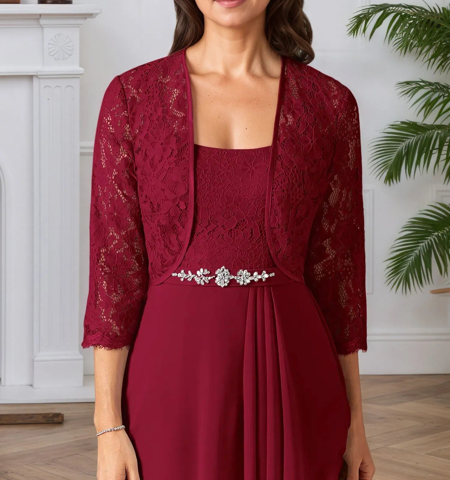 A-Line Square Neckline Lace Chiffon Mother of the Bride Dress