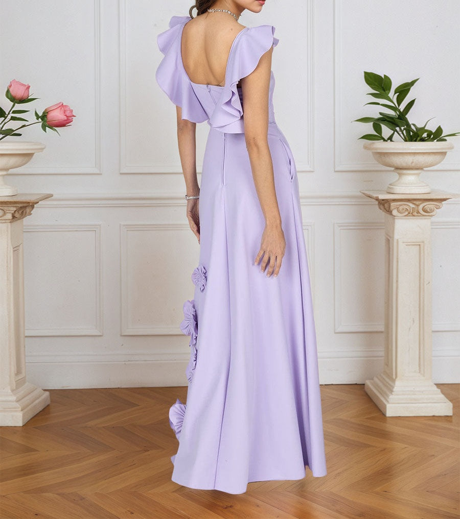 Lilac 3D Floral Sheath Formal Gown with Ruffle Sleeves