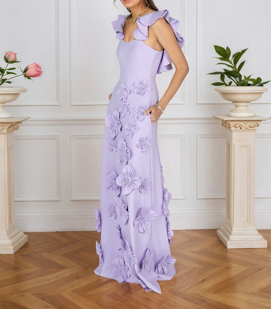 Lilac 3D Floral Sheath Formal Gown with Ruffle Sleeves