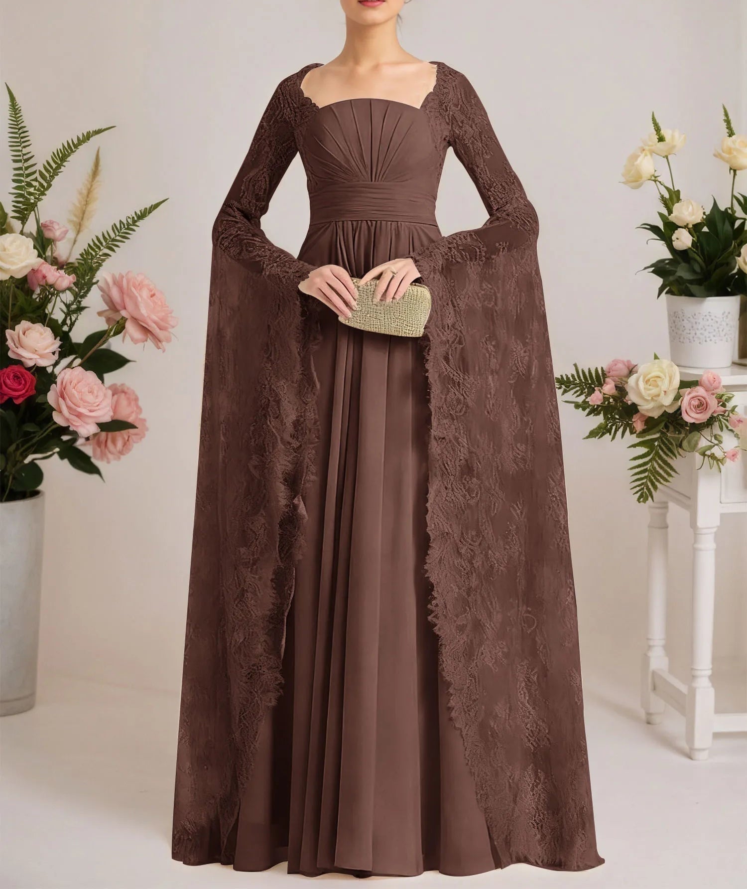 A-line Square Floor-Length Chiffon Lace Evening Dress With Beading Pleated