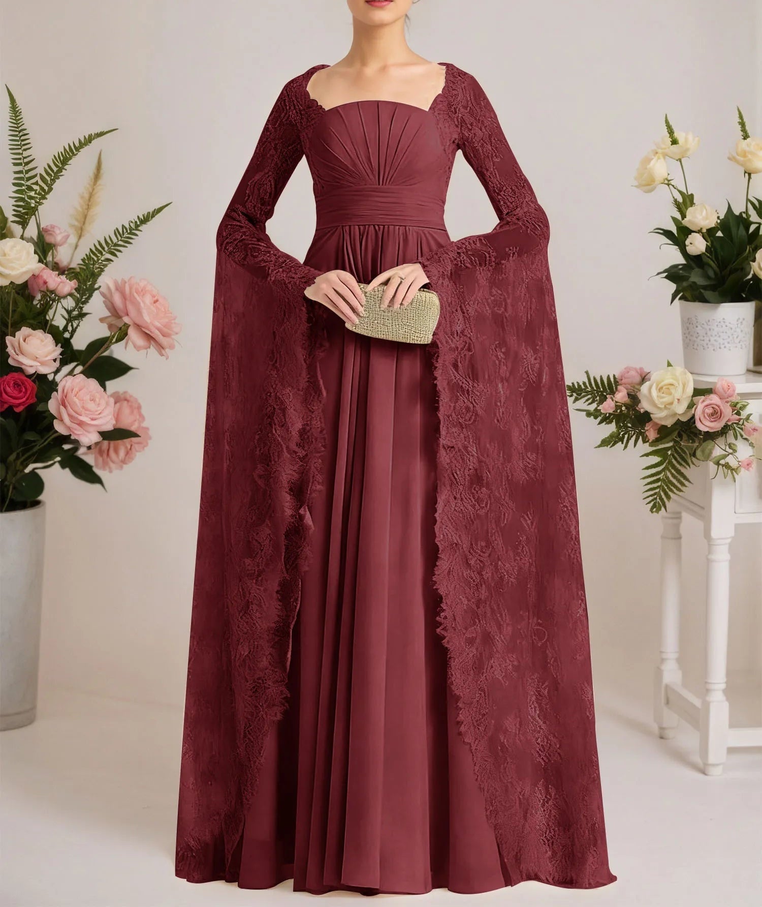 A-line Square Floor-Length Chiffon Lace Evening Dress With Beading Pleated