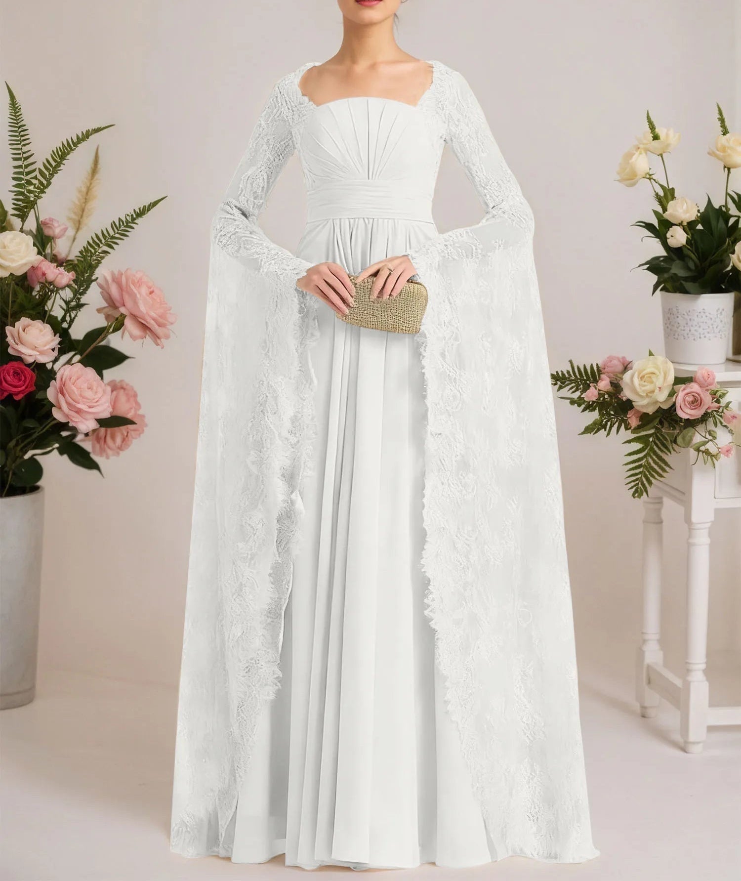 A-line Square Floor-Length Chiffon Lace Evening Dress With Beading Pleated