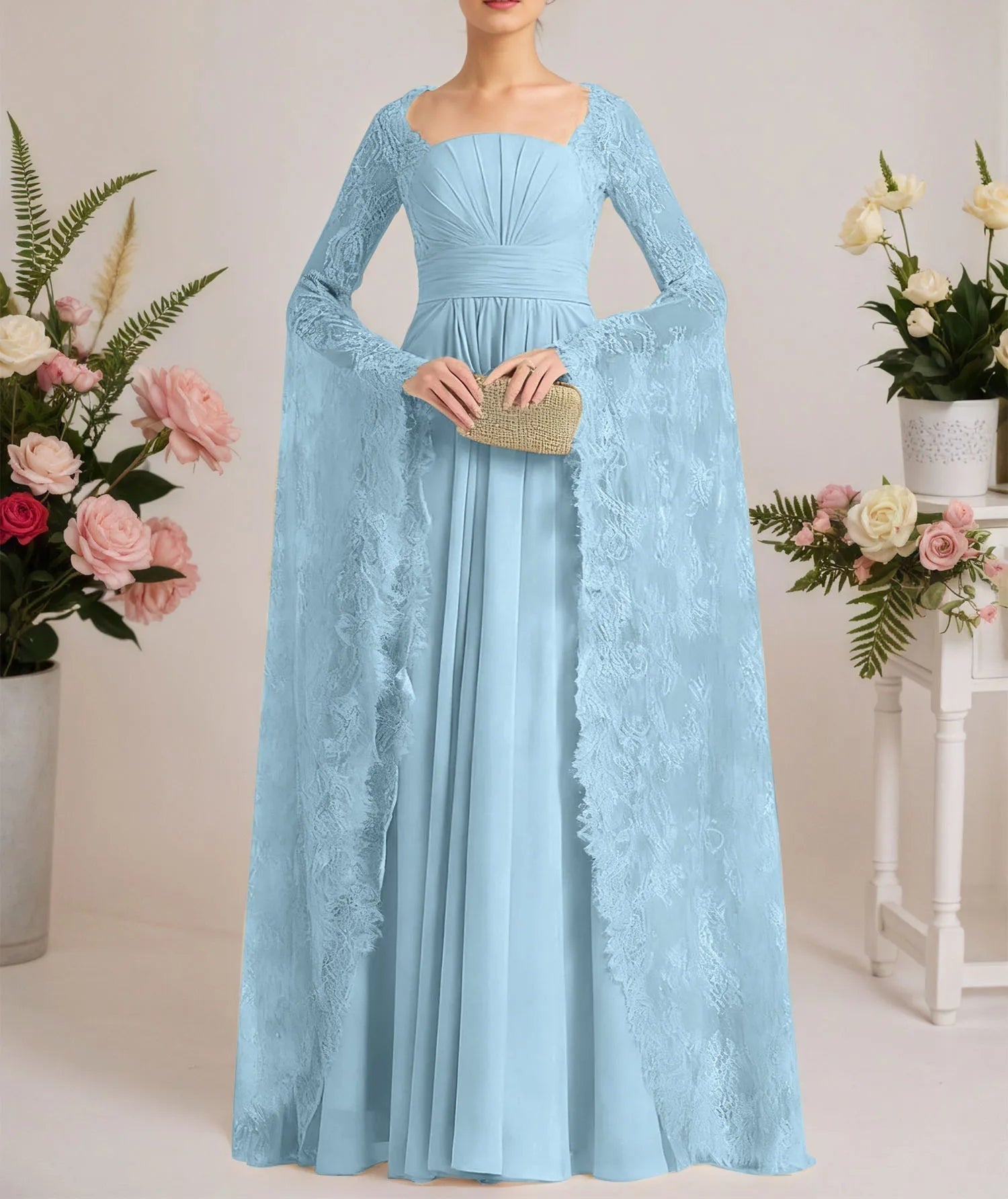 A-line Square Floor-Length Chiffon Lace Evening Dress With Beading Pleated