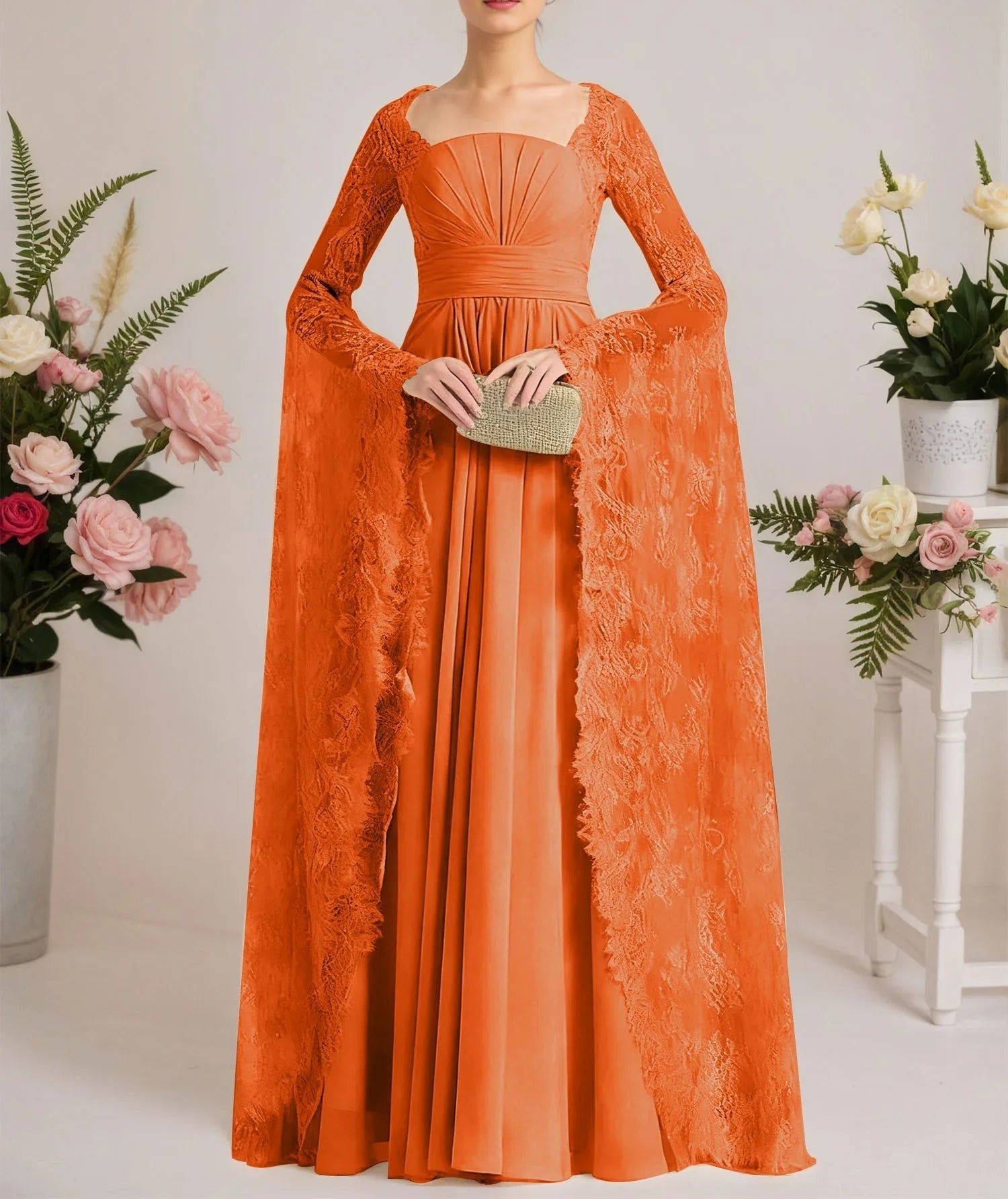A-line Square Floor-Length Chiffon Lace Evening Dress With Beading Pleated