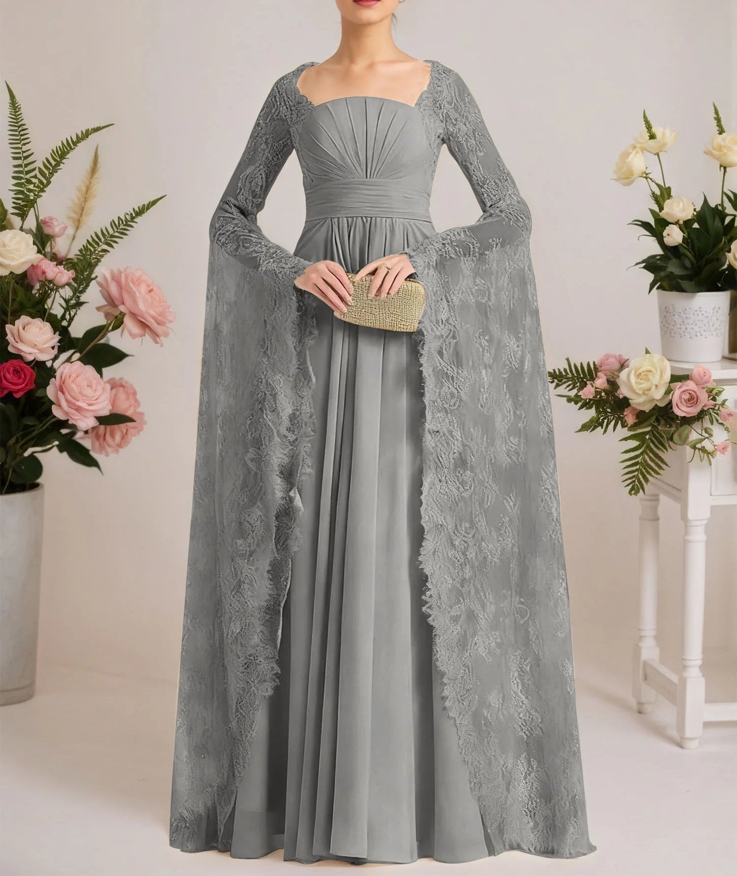 A-line Square Floor-Length Chiffon Lace Evening Dress With Beading Pleated