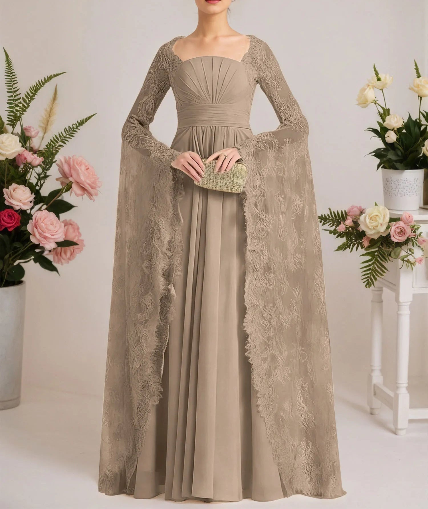 A-line Square Floor-Length Chiffon Lace Evening Dress With Beading Pleated