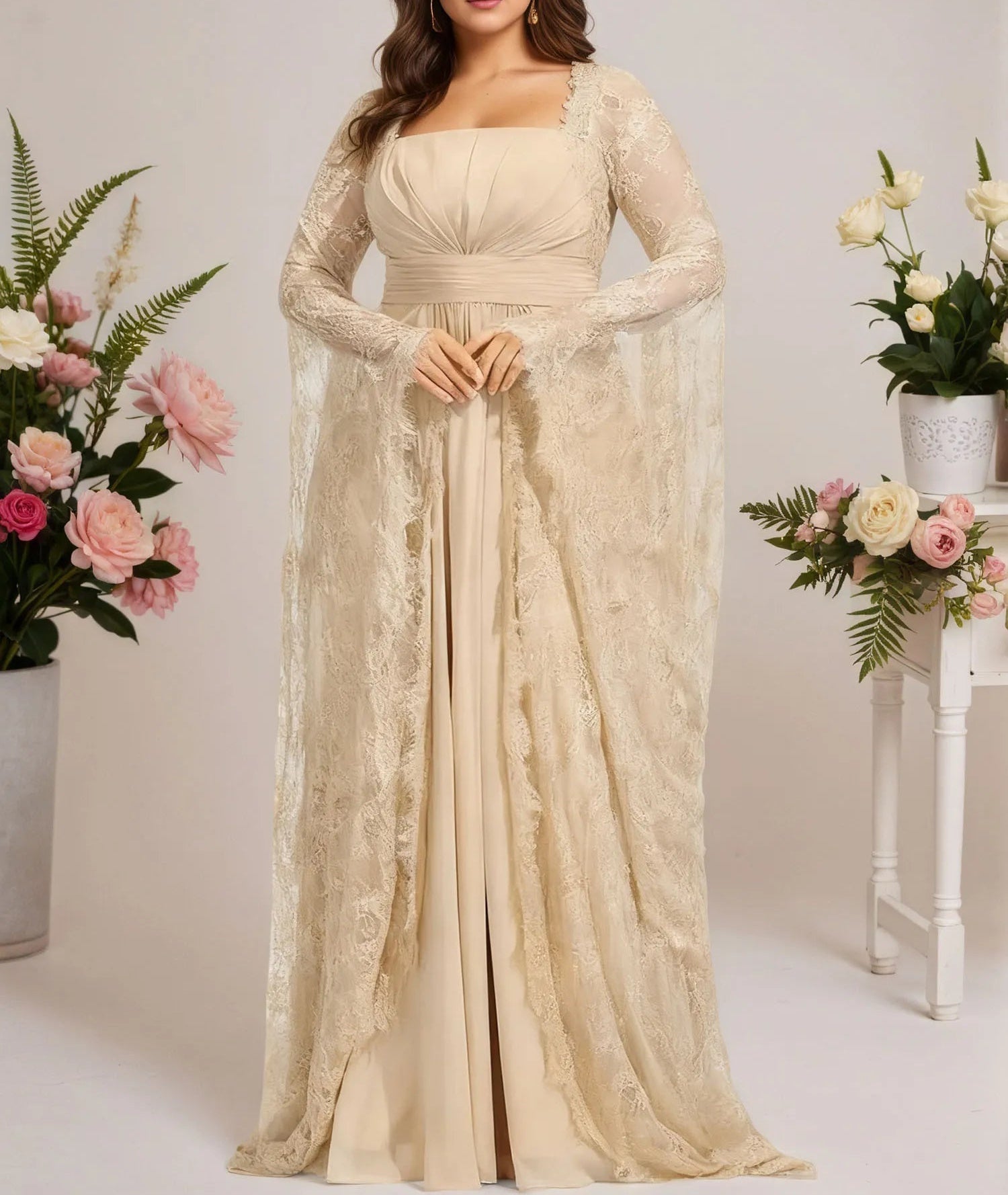 A-line Square Floor-Length Chiffon Lace Evening Dress With Beading Pleated