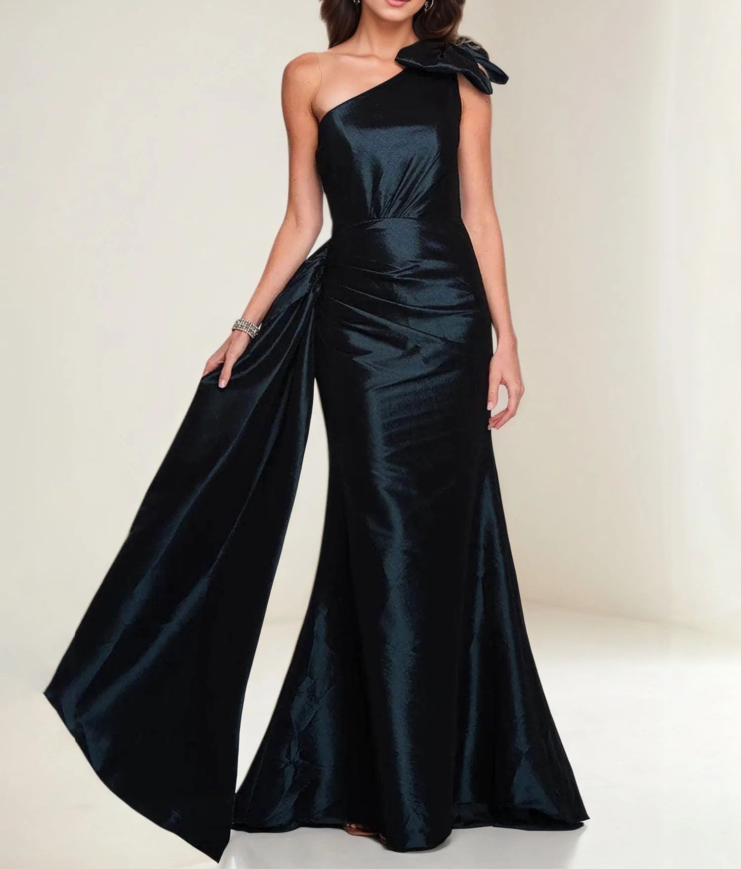 Sheath One Shoulder Sleeveless Bow Floor-Length Fitted Dress