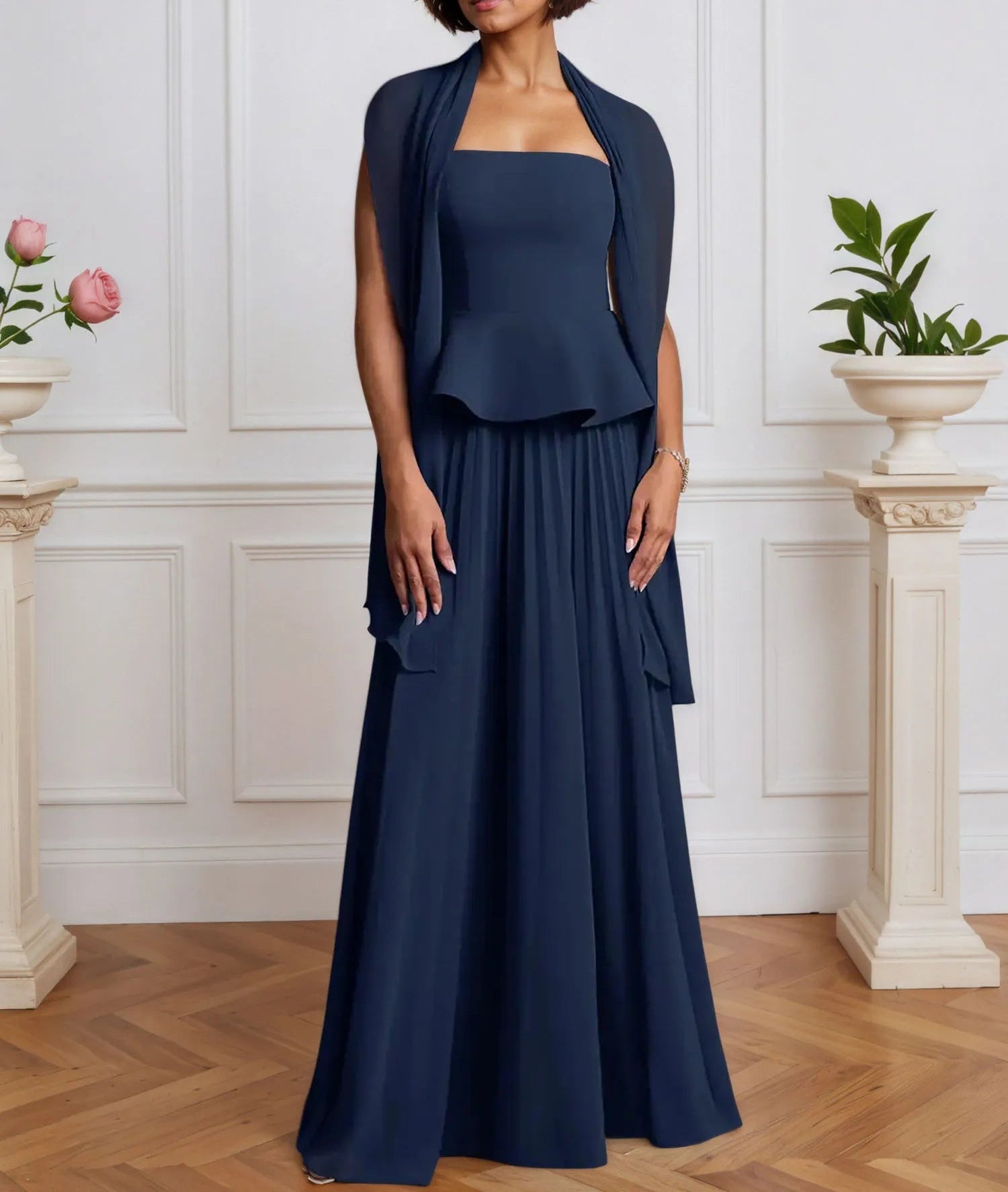 A-Line Off The Shoulder Sleeveless Pleated Chiffon Dress With Cascading Ruffles