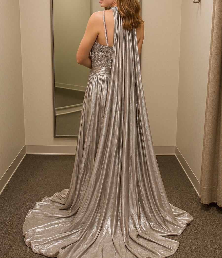 Jumpsuits Sequin V-Neck Sparkly Long Prom Dresses with Cape