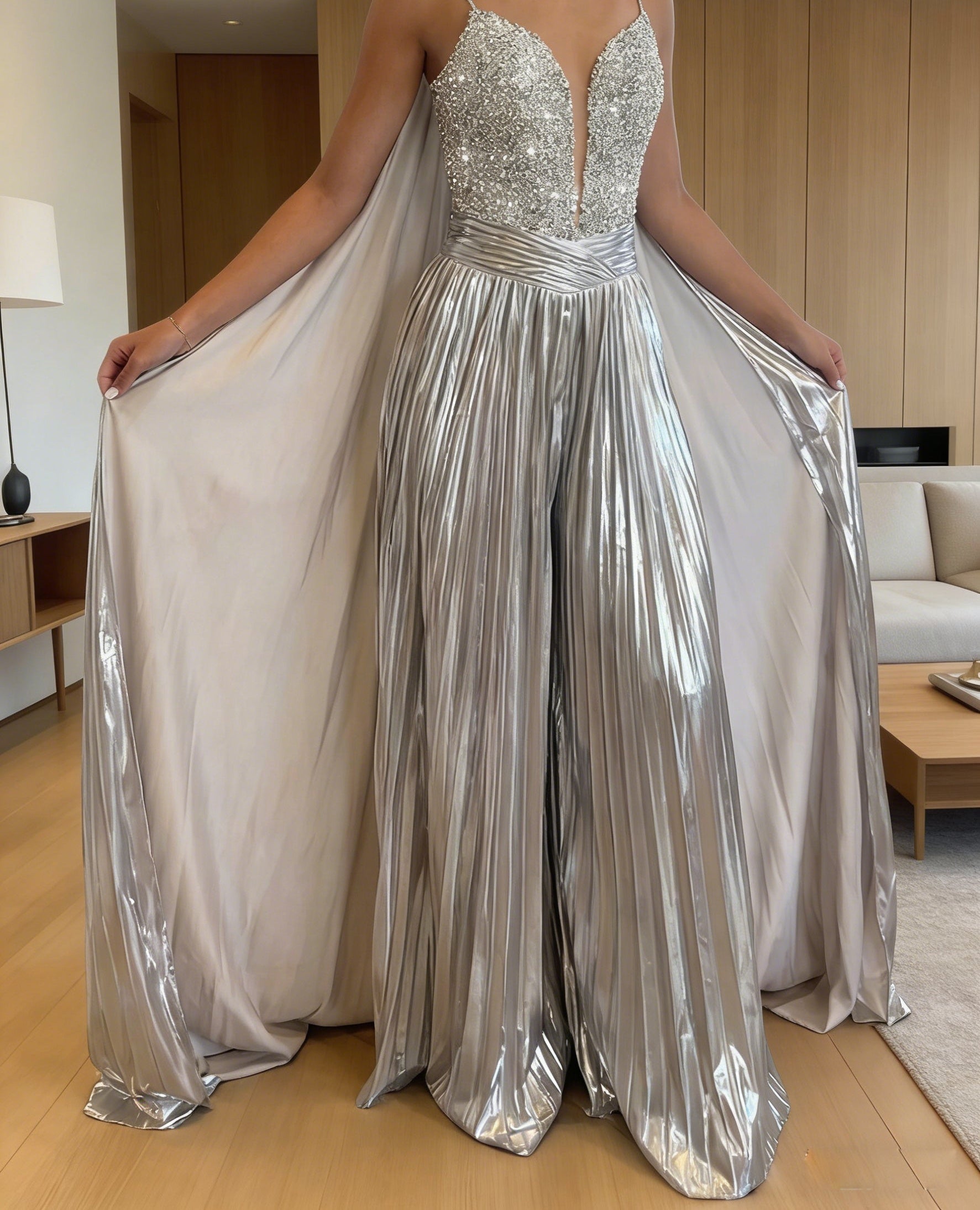 Jumpsuits Sequin V-Neck Sparkly Long Prom Dresses with Cape