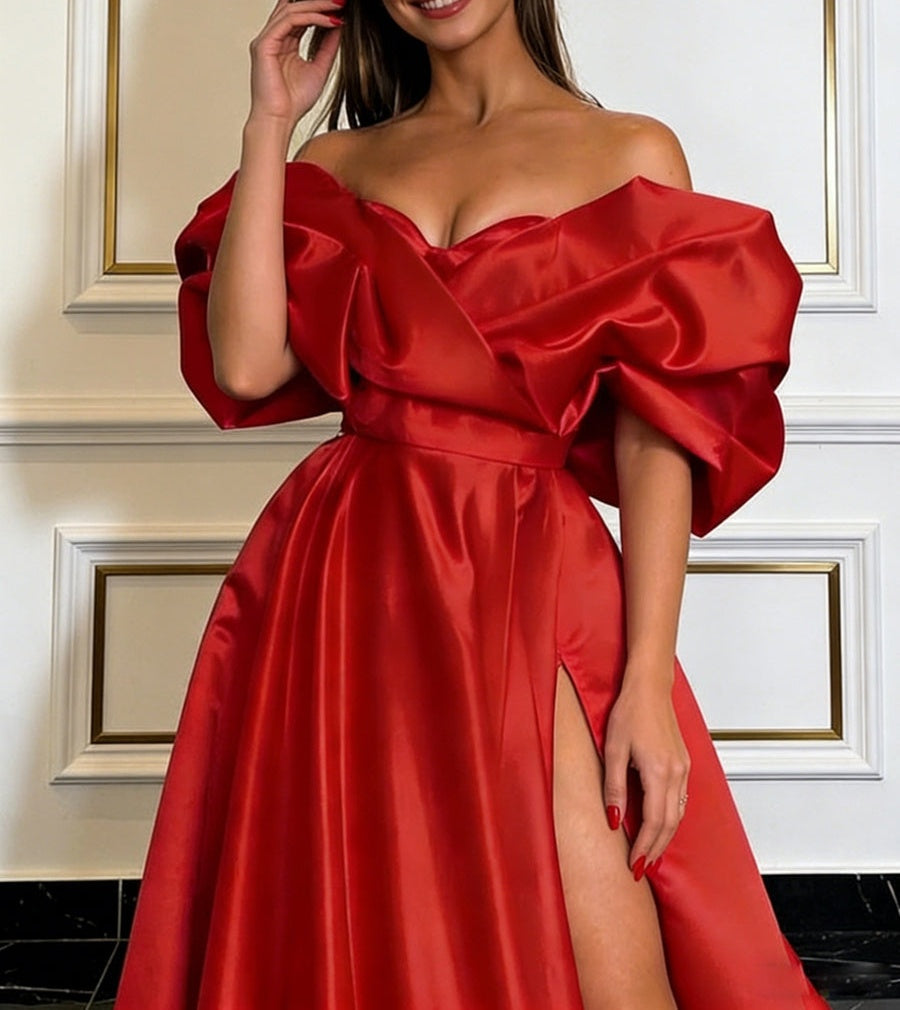 Ball Gown Off Shoulder Strapless Pleated Satin Prom Dresses with High Slit