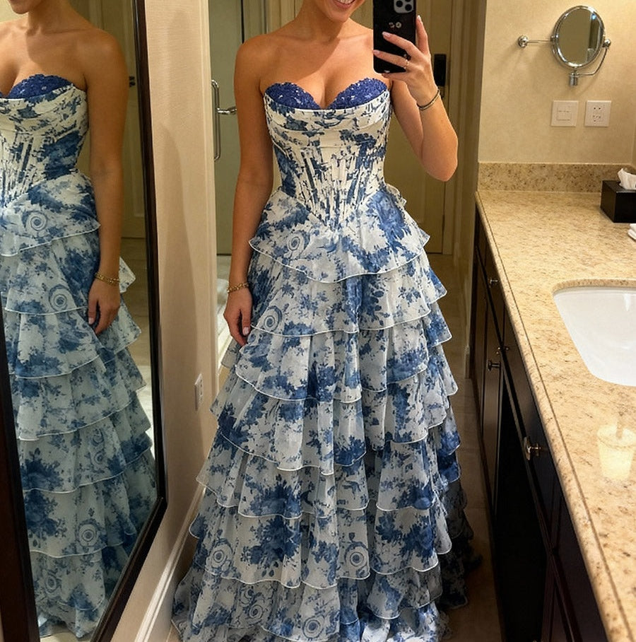 A Line/Princess Tiered Floor-Length Fancy Prom Dresses with Flower Ruffles