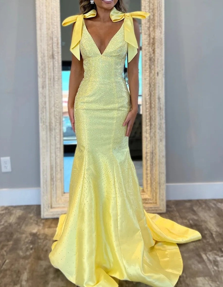 Sparkly V-Neck Bow Strap Beading Long Prom Dresses Mermaid with Train