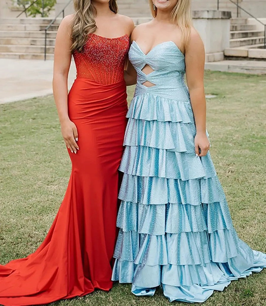 A-Line/Princess Sparkly Tiered Cut Out Floor-Length Formal Prom Dresses