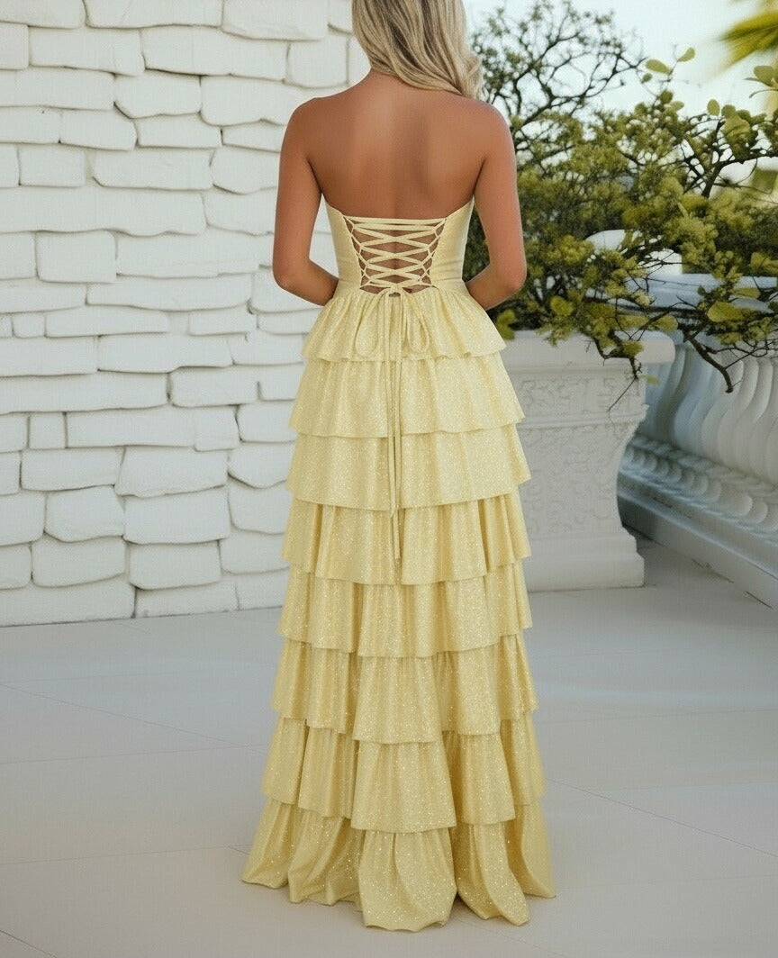 A-Line/Princess Sparkly Tiered Cut Out Floor-Length Formal Prom Dresses
