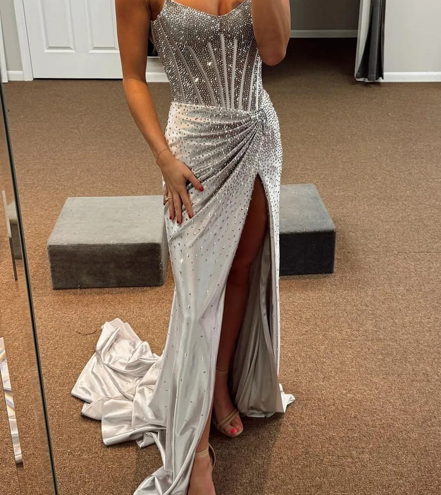 Mermaid/Trumpet Sweetheart Glitter Beading Long Prom Dresses with Corset