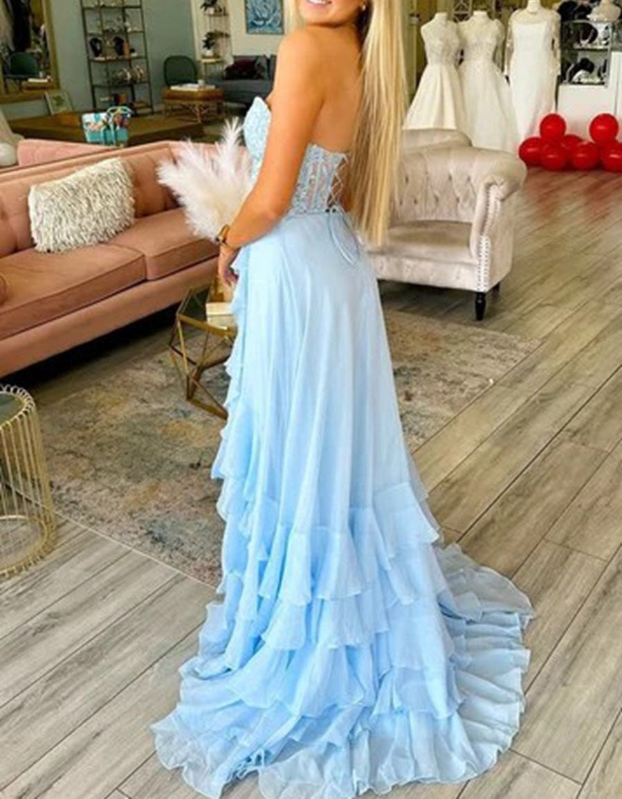 A-Line/Princess Sweetheart Tiered Floor-Length Prom Dresses with Lace Appliques