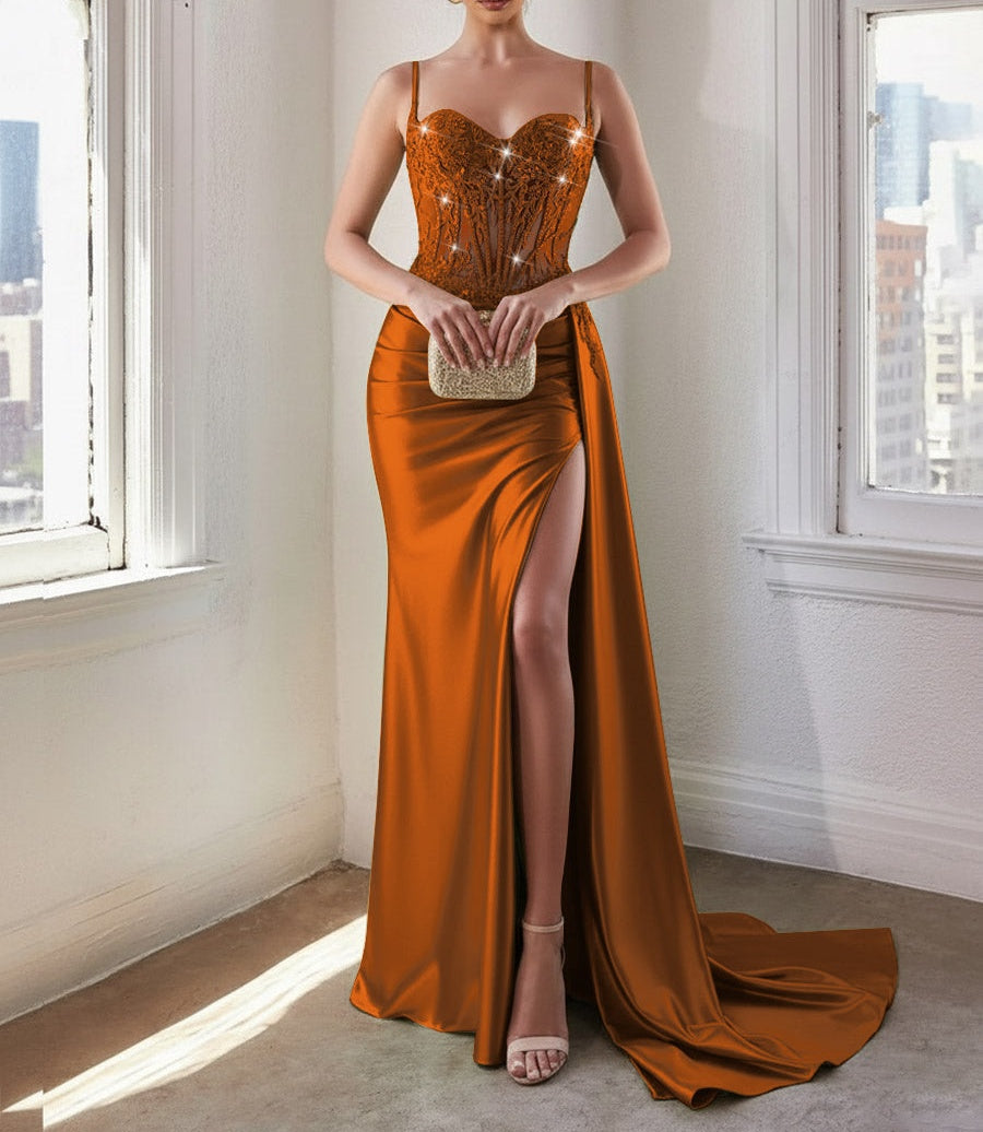 Glitter Spaghetti Strap Floor-Length Prom Dresses with Lace Appliques