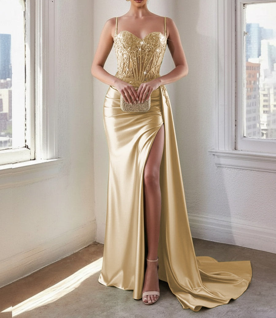 Glitter Spaghetti Strap Floor-Length Prom Dresses with Lace Appliques