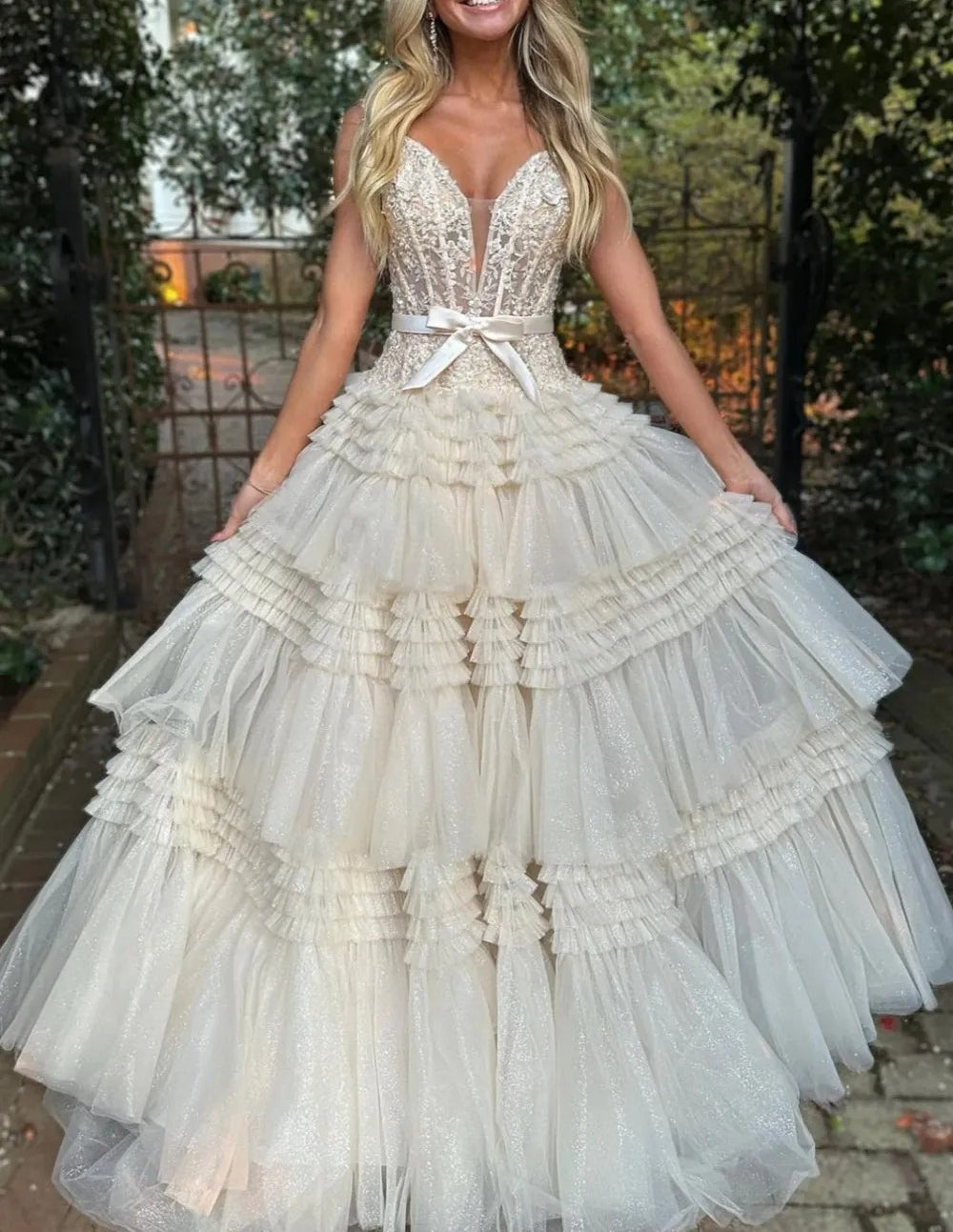A Line/Princess Off Shoulder Floor-Length Prom Dresses with Tiered Ruffles