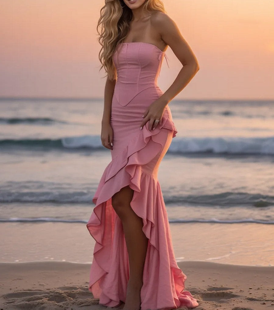 Bodycon Sleeveless Tiered Floor-Length Prom Dresses with Ruffle Slit