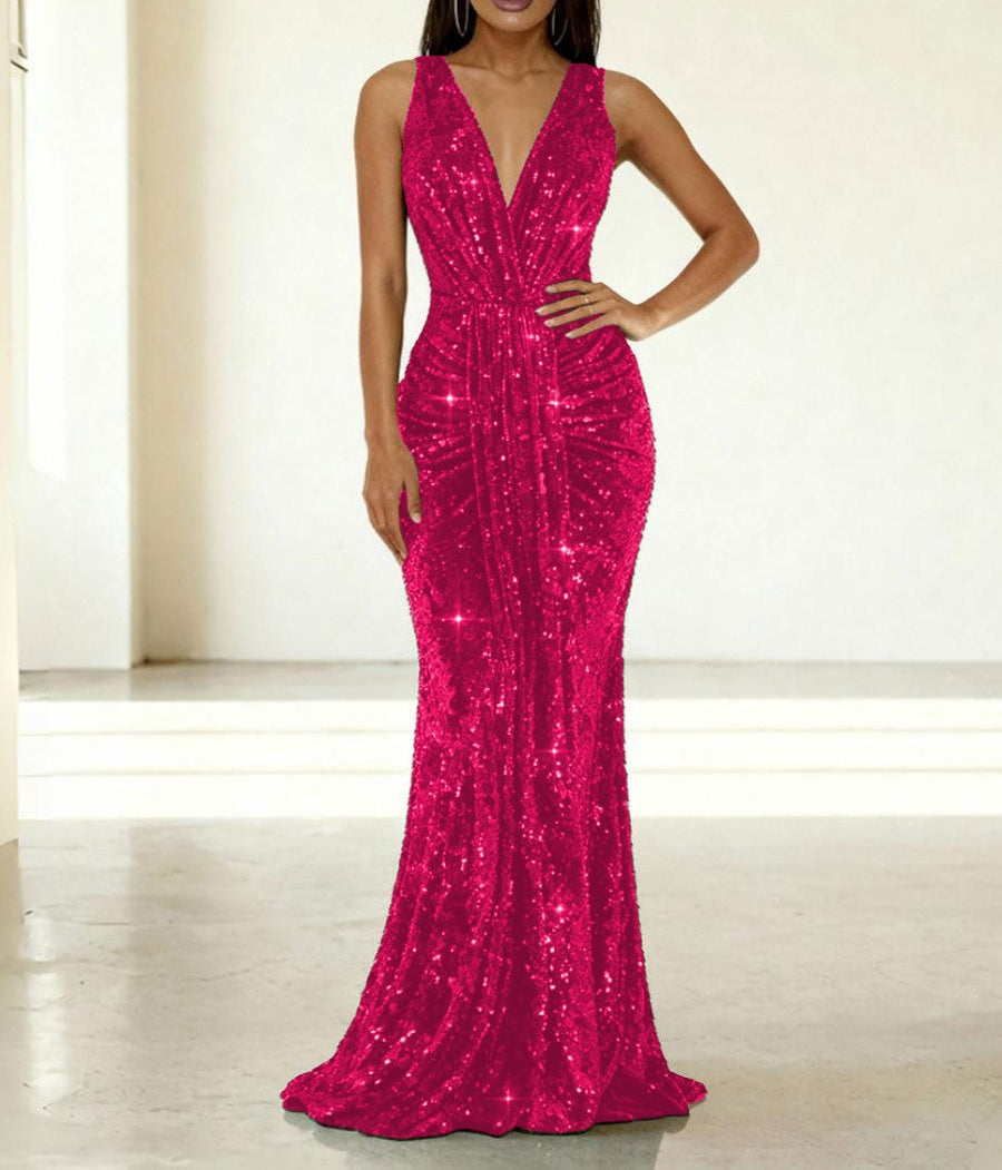 Mermaid/Trumpet V-Neck Ruched Floor-Length Formal Evening Dresses with Sparkly Sequin