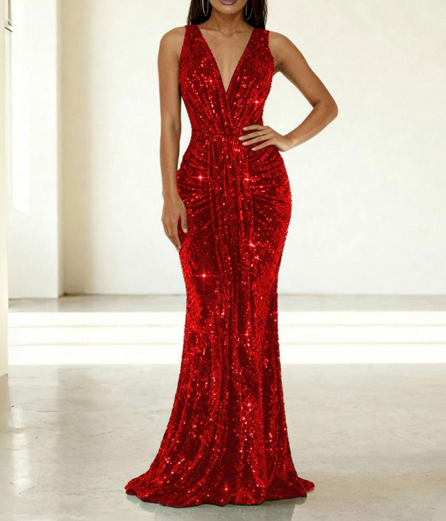 Mermaid/Trumpet V-Neck Ruched Floor-Length Formal Evening Dresses with Sparkly Sequin