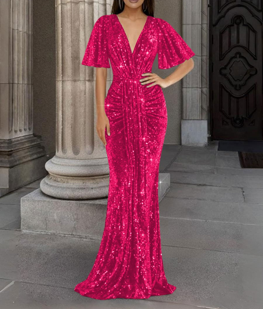 Mermaid/Trumpet V Neck Flutter Sleeve Floor-Length Formal Evening Dresses with Sparkly Sequin