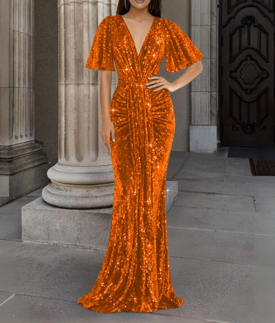 Mermaid/Trumpet V Neck Flutter Sleeve Floor-Length Formal Evening Dresses with Sparkly Sequin