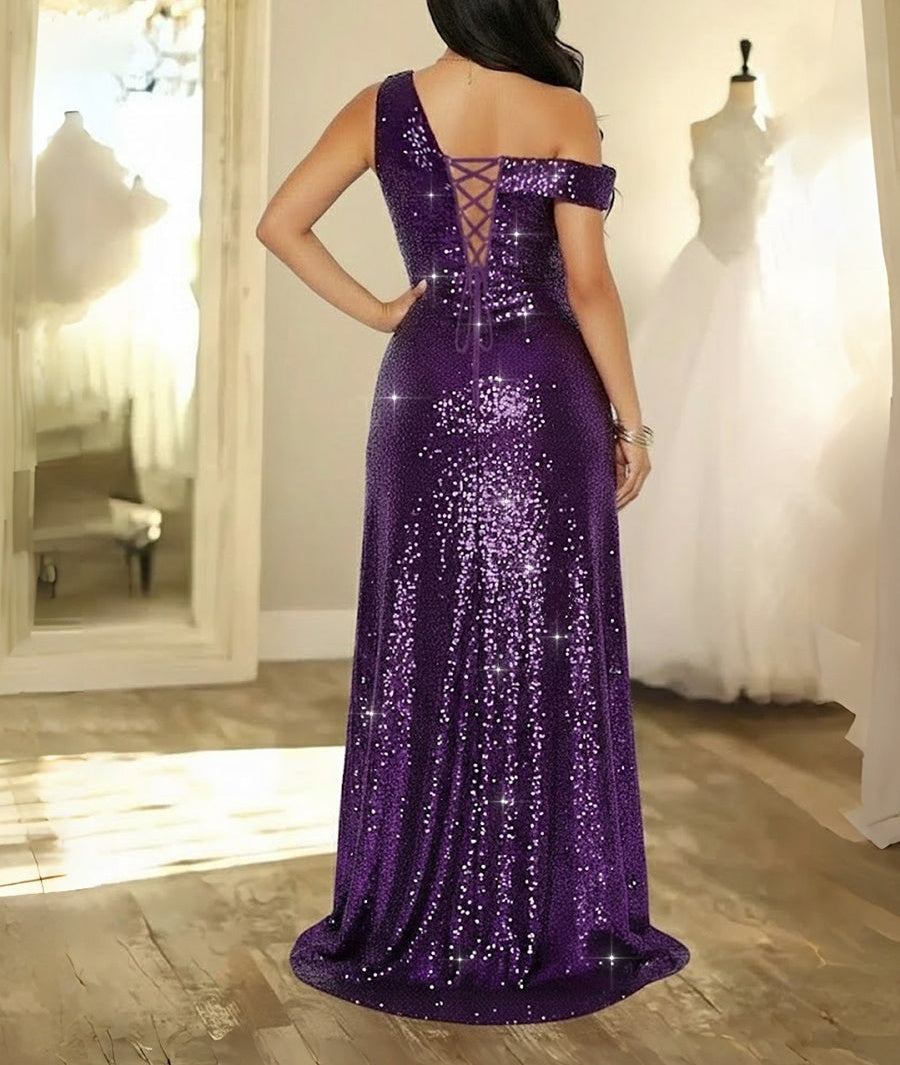 A-Line/Princess One Shoulder Ruffle Floor-Length Formal Evening Dresses with Sparkly Sequin