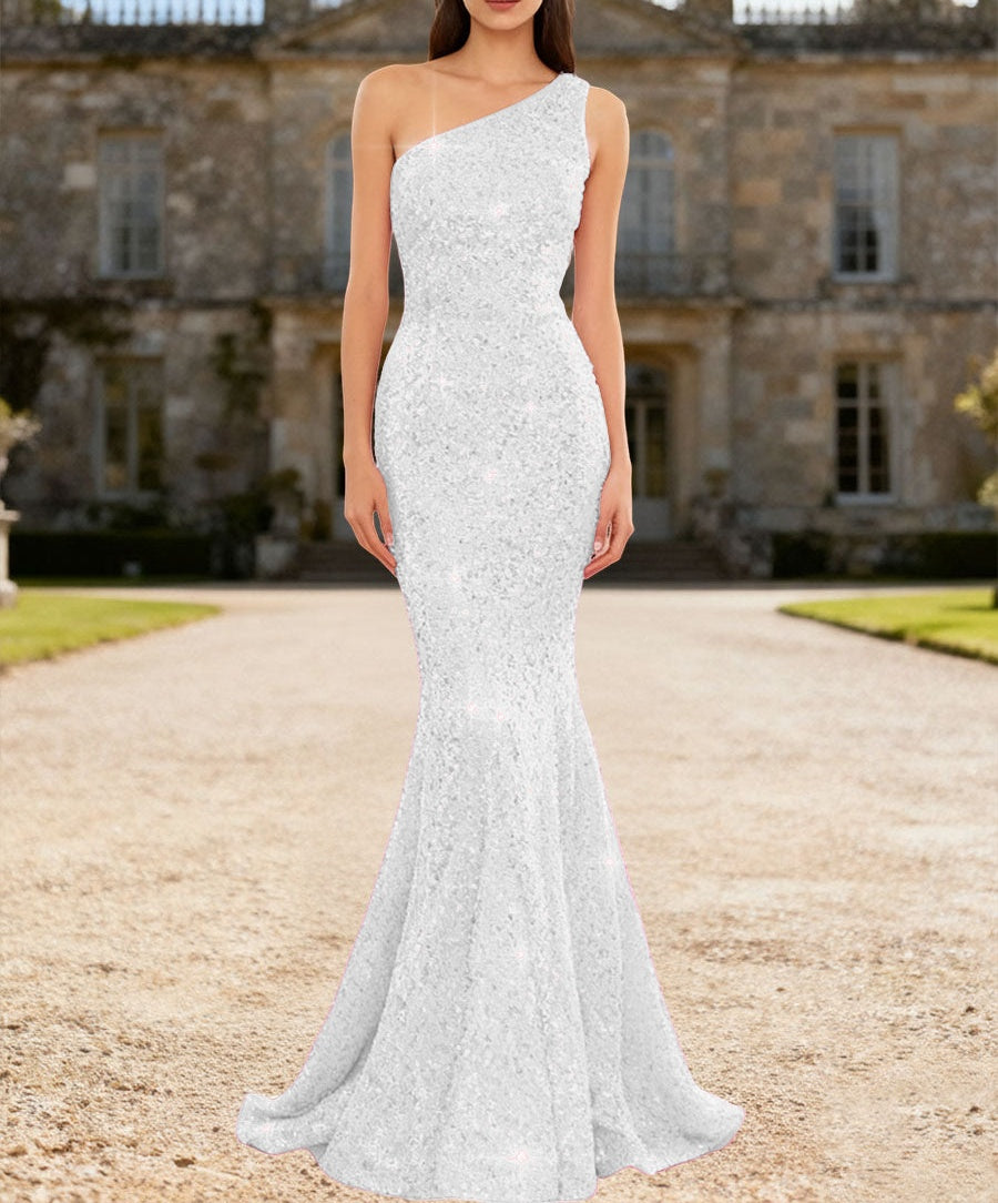 Glitter Bodycon One Shoulder Floor-Length Formal Prom Dresses with Sequin