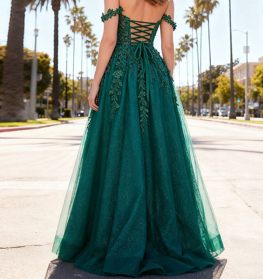 A-Line/Princess Off Shoulder Floor-Length Formal Prom Dresses with Lace Appliques