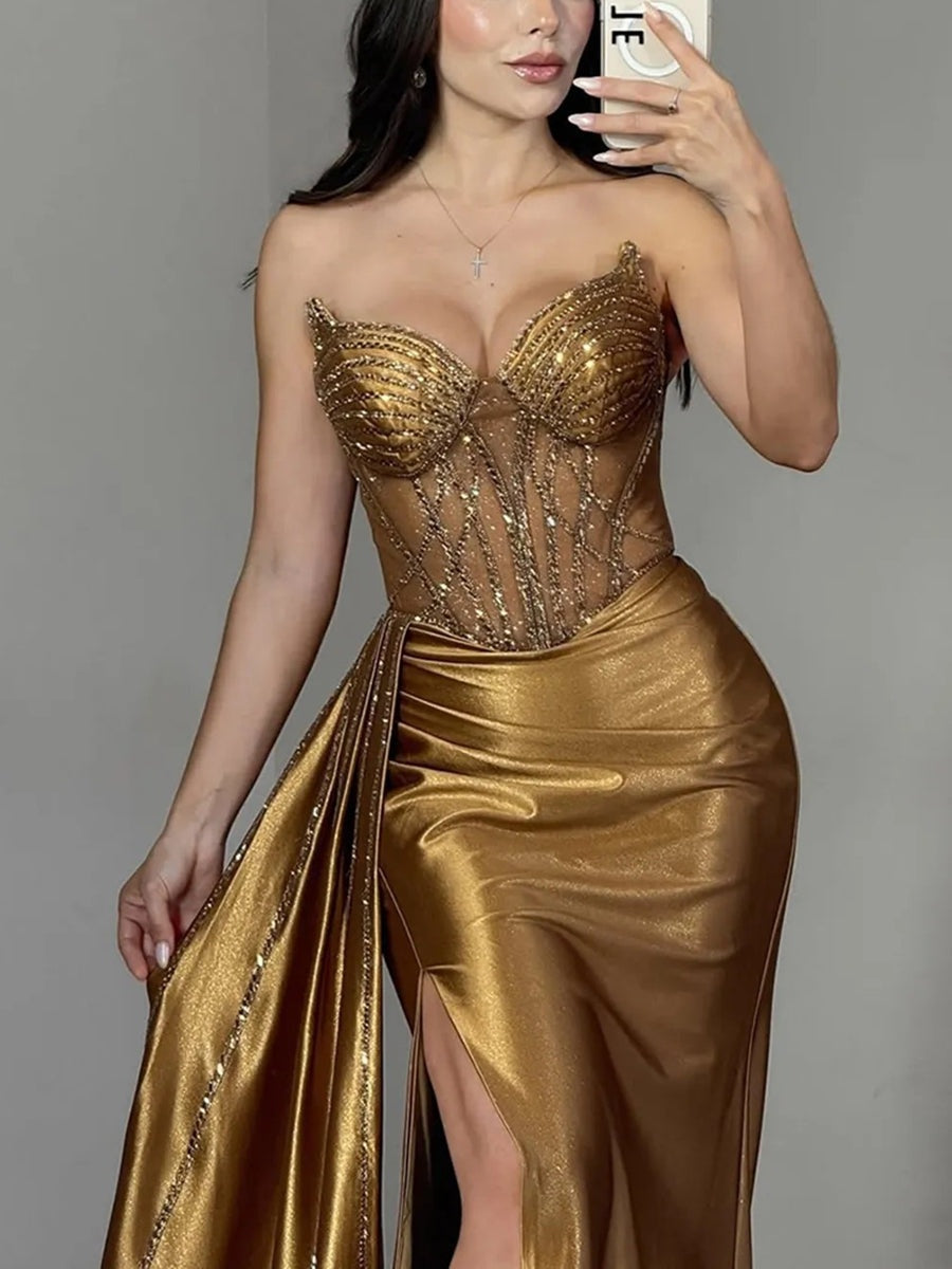 Elegant A-Line/Princess V-Neck Strapless Satin Floor-Length Prom Dresses with Trail
