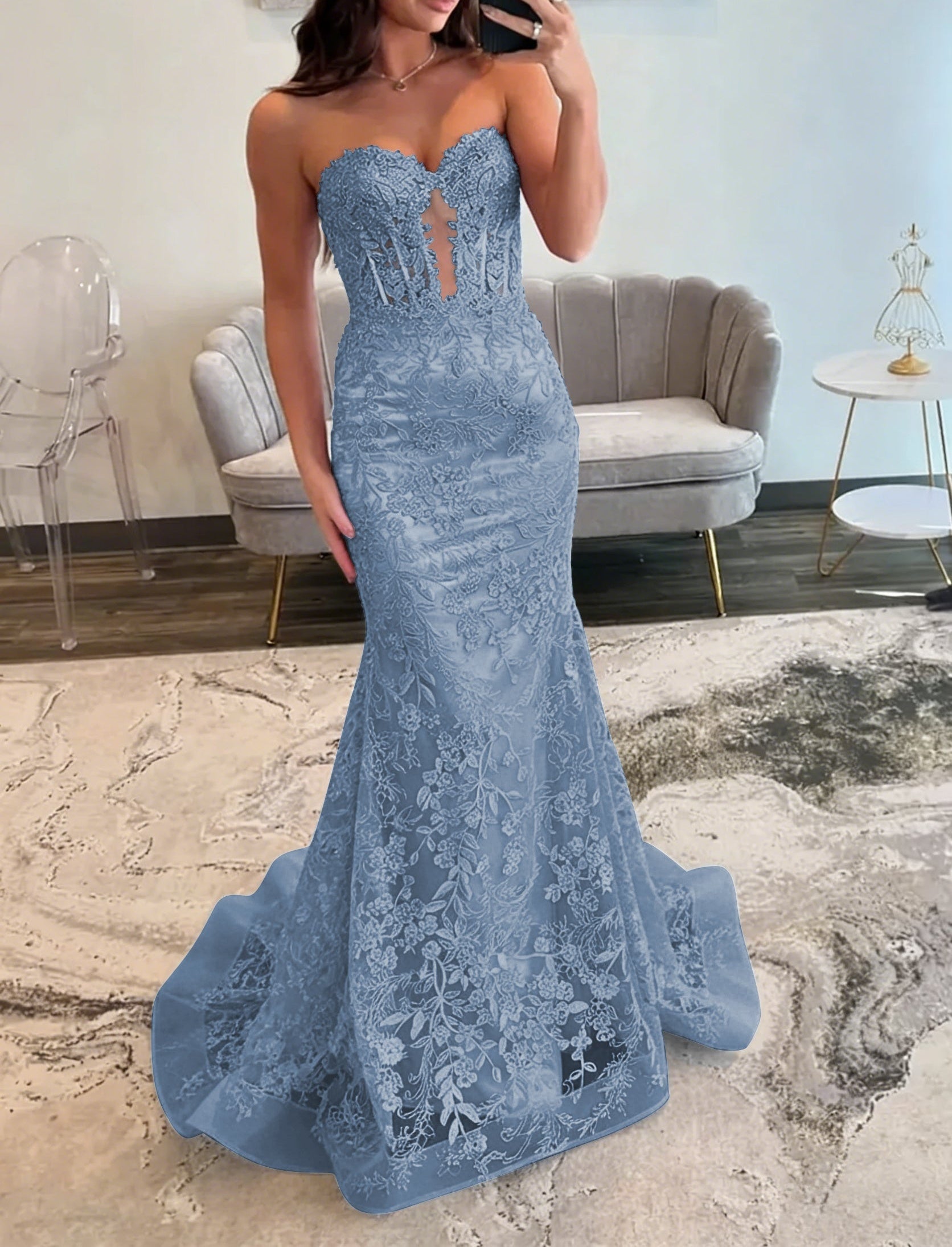 Lace Applique One Shoulder Long Prom Dresses Tiered Evening Gowns