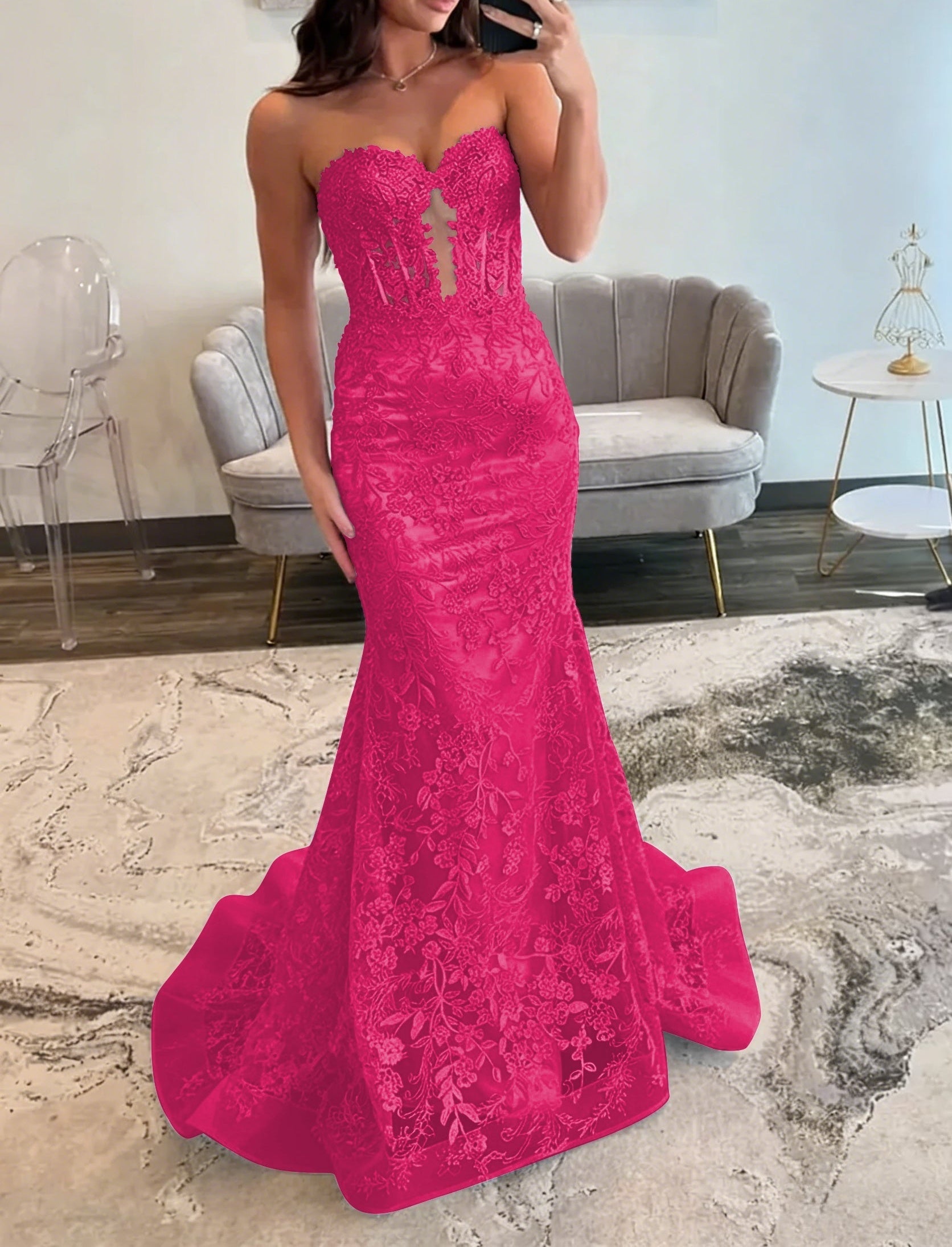 Lace Applique One Shoulder Long Prom Dresses Tiered Evening Gowns