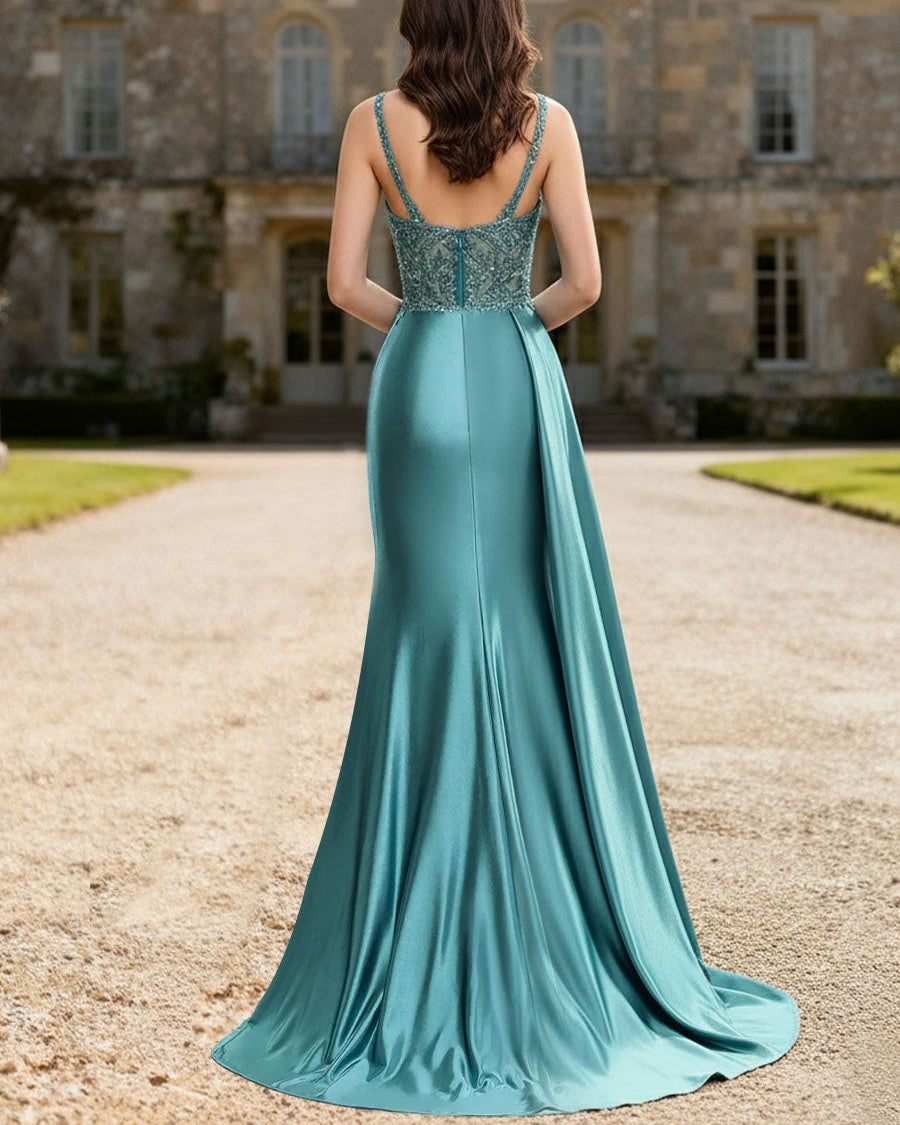 Mermaid Ruched Thick Strap Sleeveless Floor-Length Formal Prom Dresses with Trail