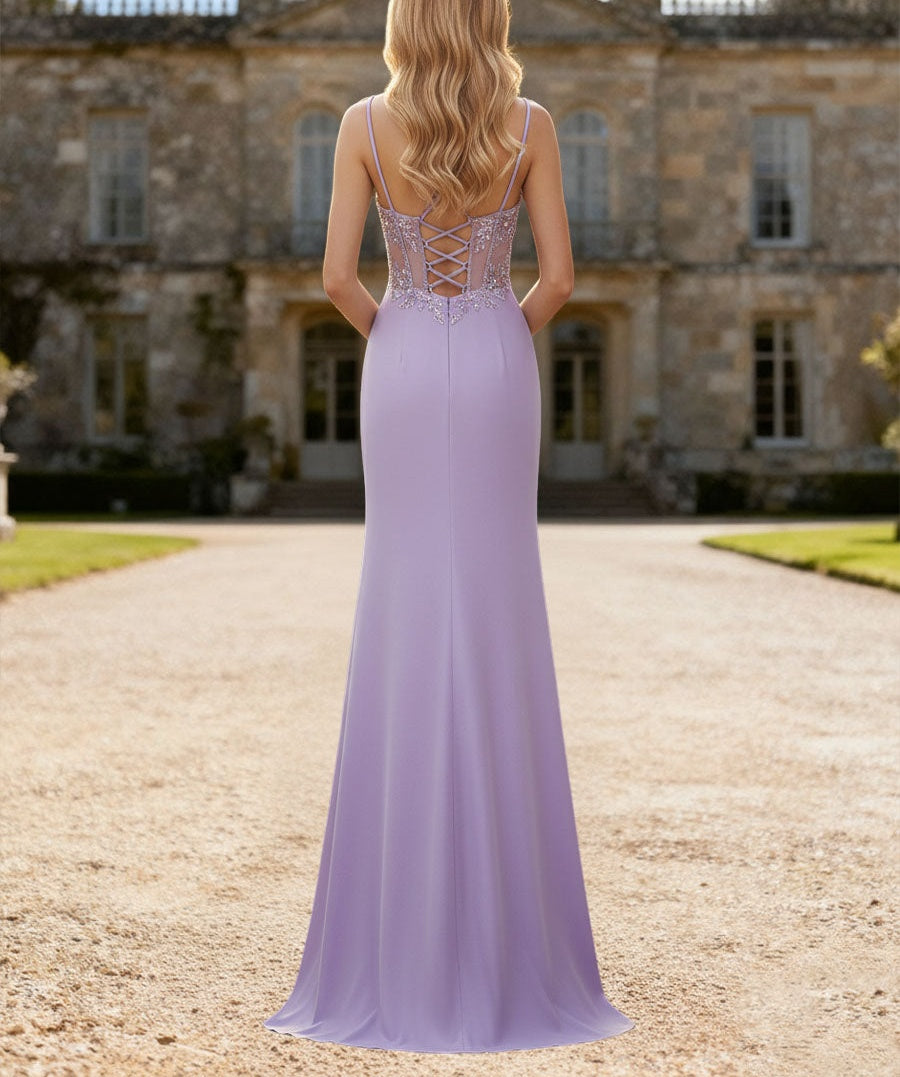 Mermaid Ruched Corset Floor-Length Formal Prom Dresses with Slit