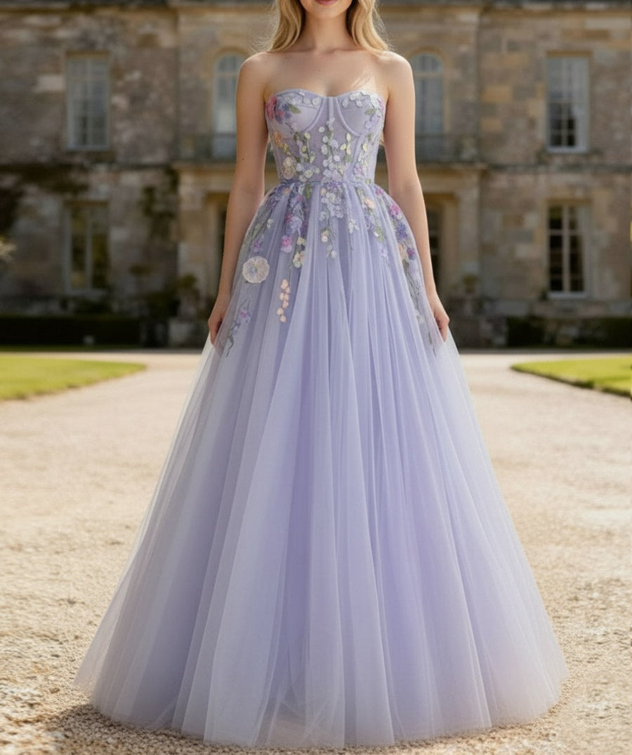 A-Line/Princess Strapless Floor-Length Prom Dresses with Flower Appliques