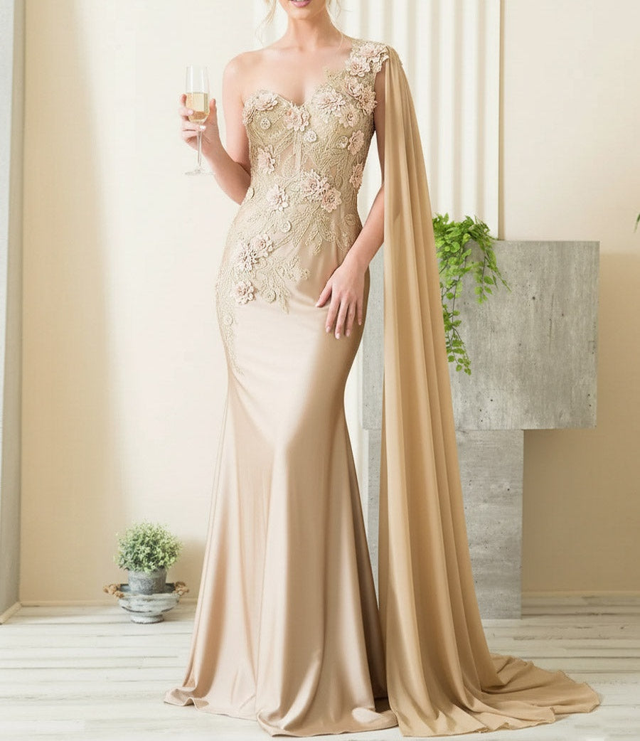 Mermaid 3D Floral One Shoulder Floor-Length Formal Prom Dresses with Cape