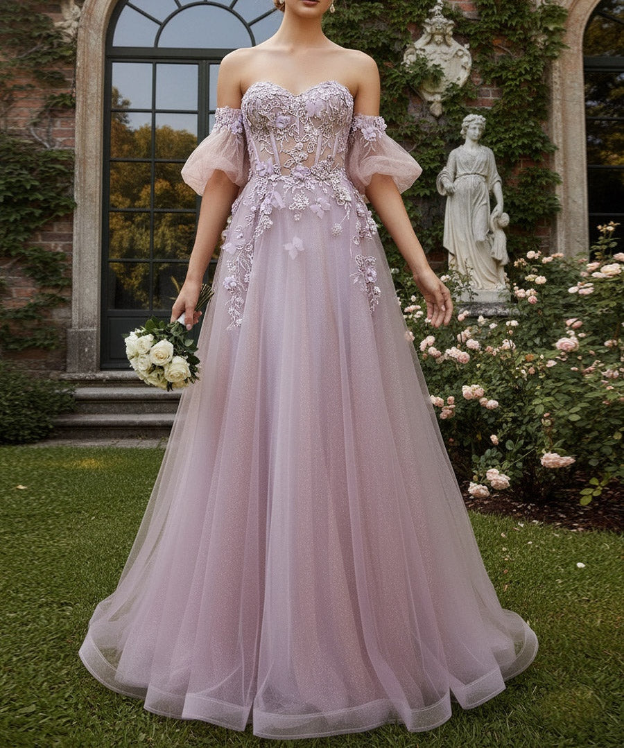 Fair A-Line/Princess Cold Shoulder Floor-Length Prom Dresses with Flower