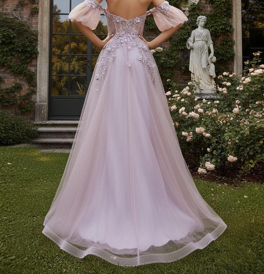 Fair A-Line/Princess Cold Shoulder Floor-Length Prom Dresses with Flower