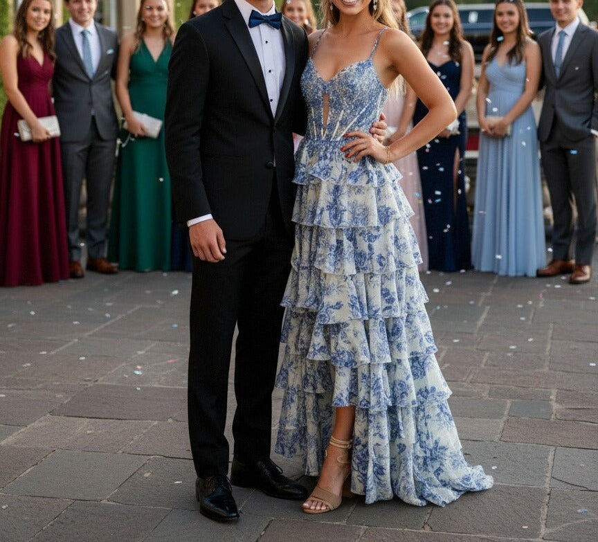 A-Line/Princess Sweetheart Neck Floor Length Prom Dresses with Tiered Hem