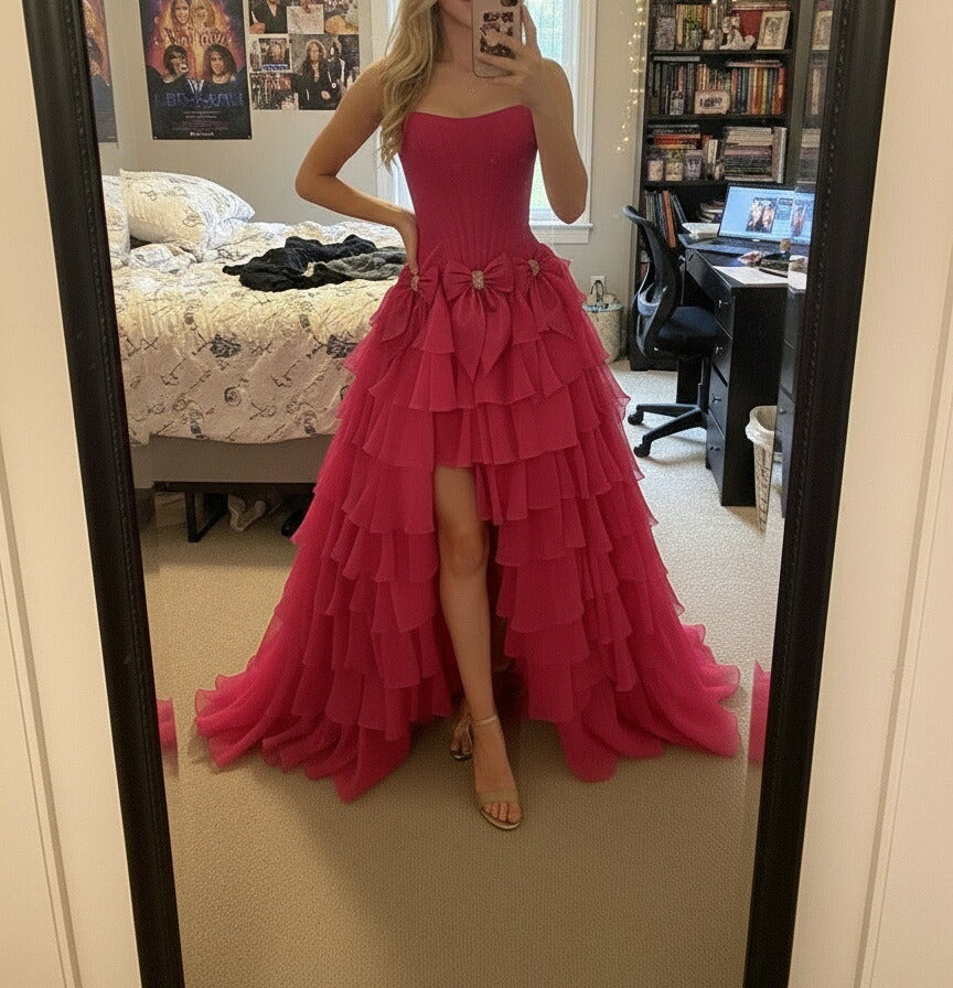 A-Line/Princess Tiered Strapless Floor Length Prom Dresses with Bows