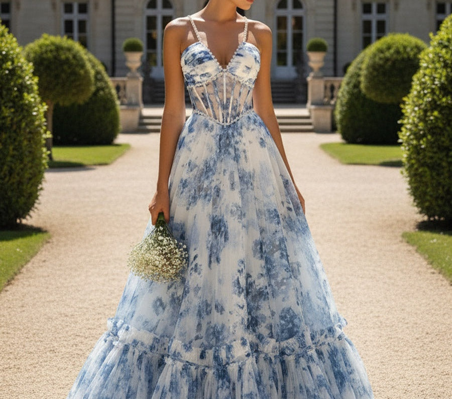 A-Line/Princess Halter Floral Print Sleeveless Floor Length Prom Gown