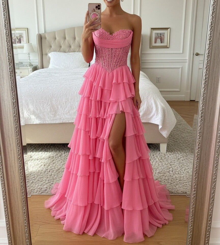 A-Line/Princess Tiered Strapless Floor Length Prom Dresses with Lace Applique