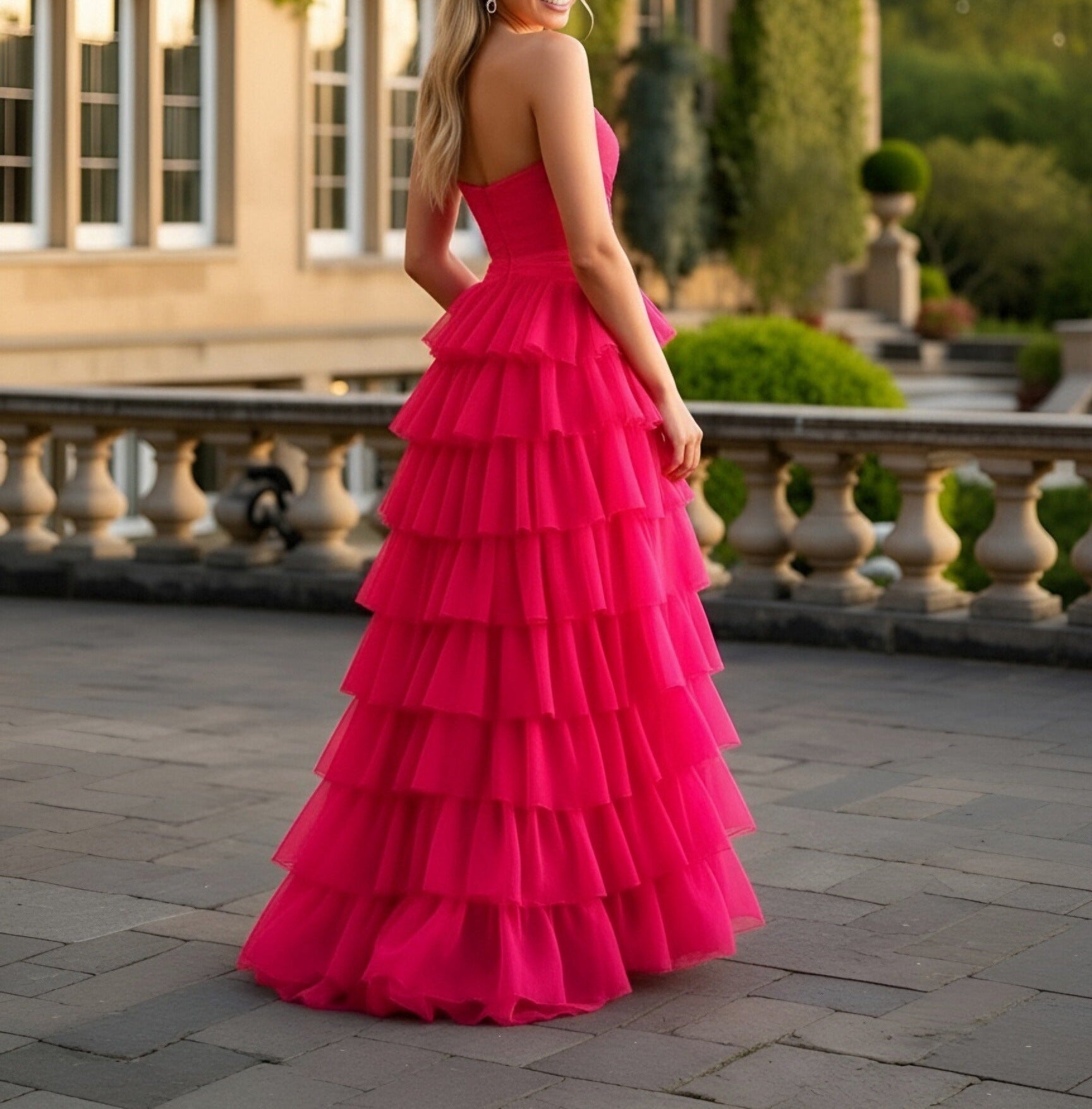 A-Line/Princess Tiered Cutout Hi-Lo Floor Length Prom Dresses with Train