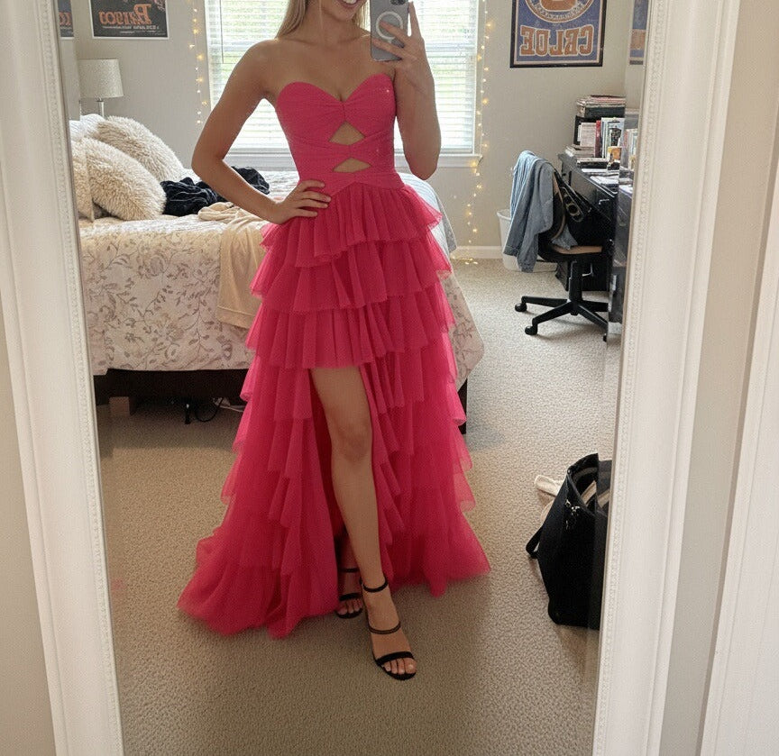 A-Line/Princess Tiered Cutout Hi-Lo Floor Length Prom Dresses with Train