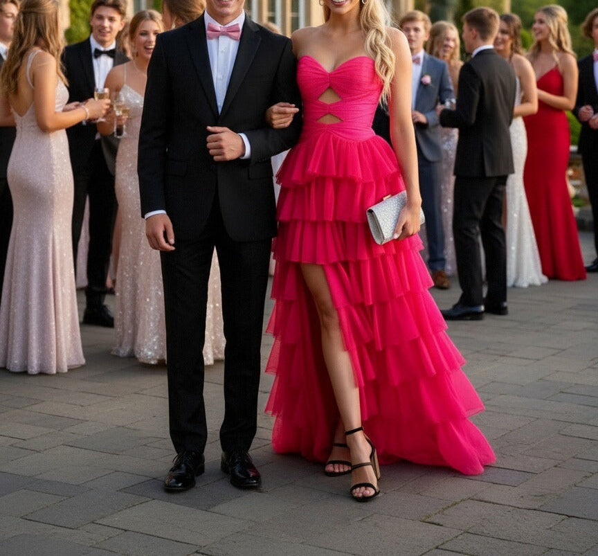 A-Line/Princess Tiered Cutout Hi-Lo Floor Length Prom Dresses with Train