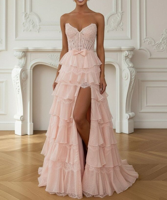 A-Line/Princess Ruffle Tiered Sweetheart Neck Floor Length Prom Dresses with Bow